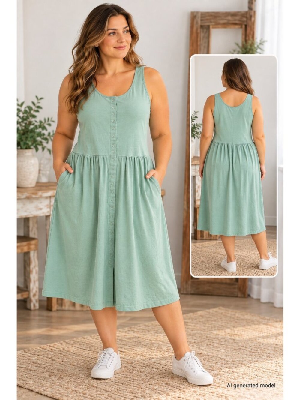 Ricki Sleeveless Button-Front Midi Dress With Pockets In Mint Green Size Medium